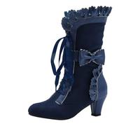 Xbemkste Bottines pour femme avec talon vintage, style victorien, mi-haute, à lacets, style médiéval, costume traditionnel, robe de mariée, bottes élégantes, bleu, 37 EU