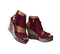 Xbemkste Sandales compensées pour femme - Espadrilles à plateforme - Sandales élégantes à talons hauts - Sandales d'été avec fermeture éclair, Bordeaux, 40 EU