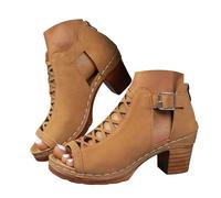 Xbemkste Sandales pour femme avec talon épais - Vintage - Sandales romaines avec sangle réglable - Talon ouvert - Escarpins à talon bloc - Sandales élégantes pour l'été - Pour le travail de