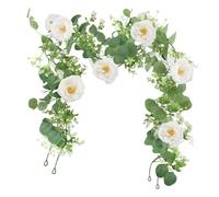 Xbessc 2 Pièces Guirlande Fleurs Artificielles, 1.8m Blanc Camélia d'Eucalyptus Guirlande, Vignes de Fleurs de Pivoine à 8 Têtes, Fausse Plantes Suspendues pour Décor,Fête,Table,Toile,Fond,Mariage