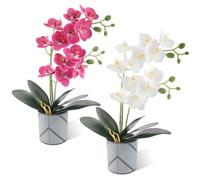 Xbessc 2 Pièces Orchidées Artificielles dans des Pots, 50cm Fleurs D'orchidées Artificielles en Pot, Fausse Orchidée Vive et Réaliste avec Racines et Feuilles pour Maison Bureau Boutique(Violet/Blanc)