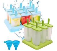 Xbessc Moules à Glace 15 Plastique Popsicle Moules Set Moule Glace sans BPA DIY Popsicle Mold avec Bâtonnets Plastique et Entonnoir Pliable pour Popsicles Crèmes Glacées Sorbets Nourriture(Bleu,Vert)