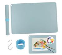 Xbessc Sous Main de Peinture en Silicone 60 x 40cm, Sous Main Bureau Enfant Bleu, Tapis de Peinture en Silicone avec Clip D'absorption Magnétique et Crochets pour Art, Résine, Argile et Loisirs Créati