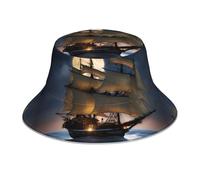 XBKGOHA Chapeau bob réfléchissant motif bateau à voile pirate pleine lune hommes et femmes décontracté extérieur noir
