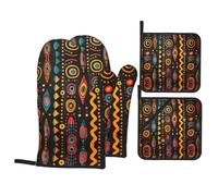 XBKGOHA Ensemble de cuisson de cuisine avec motif ethnique tribal africain, gants de four, ensemble de quatre pièces épais et isolé