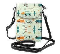XBKGOHA Petit sac à main pour téléphone portable 19,3 x 12,4 cm, imprimé voiture et vélo, étui à rabat en cuir pour femme, parfait pour la marche, le camping, noir