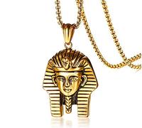 XBMEN Plaqué Or en Acier Inoxydable Antique Pharaon égyptien Toutankhamon Roi Pendentif Collier pour Homme, chaîne 24"