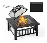 Xbro Brasero 3 en 1 avec protection contre les étincelles, brasero avec grille de barbecue, brasero pour le jardin, avec housse de protection étanche, carré, noir, 81 x 81 x 35 cm