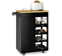 Xbro Desserte Cuisine à roulettes avec Range-Bouteilles, Meuble de Cuisine Noir et Bois avec Placard, Étagères et Plan de Travail, Chariot Cuisine Gain de Place pour Petit Espace,40x64x91 cm,Noir