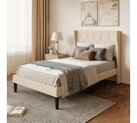 Xbro Lit Rembourré 120 x 200 cm,Forme Rembourré avec Support de Lattes en Bois,Lit Simple,Facile à Assembler et Stable,20 cm de Rangement,Beige