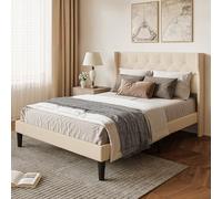 Xbro Lit Rembourré 140x200 cm Forme Rembourré avec Support de Lattes en Bois, Cadre de Lit Capitonnée,Facile à Assembler et Stable,20 cm de Rangement,Beige