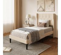 Xbro Lit Rembourré 90 x 200 cm,Forme Rembourré avec Support de Lattes en Bois,Lit Simple,Facile à Assembler et Stable,20 cm de Rangement,Beige