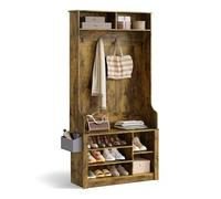 Xbro Porte-Manteau avec Banc à Chaussures, Meuble d’Entrée 3 en 1, 4 Crochets Doubles, 5 Étagères à Chaussures Réglables, 2 Étagères, Antiroulis, pour Couloir, Entrée, 90 x 30 x 183 cm, Vintage