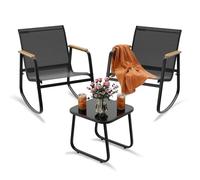 Xbro Salon de Jardin 3 Pièces avec 2 Fauteuils à Bascule et Table Basse, Salon de Jardin en Textilène Respirant avec Accoudoirs en Bois, Mobilier Extérieur pour Balcon, Terrasse, Patio, Noir