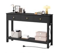 Xbro Table Console 130 x 30 x 80 cm, Console d’Entrée avec Prise Intégrée, Ports USB, 3 Tiroirs et Étagère, Multiprise Réversible à Gauche ou à Droite, pour Couloir, Salon, Noir