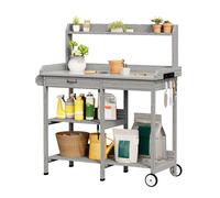 Xbro Table de Rempotage Mobile en Bois, Grand Espace de Rangement avec Tiroir, Étagères et Crochets, Plateau en Métal Galvanisé, Idéale pour Balcon, Terrasse et Jardin, 112 x 43 x 121 cm, Gris