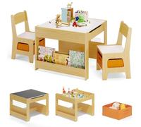 Xbro Table Enfant avec 2 Chaises, 4 en 1 Table de Dessin avec Plateau Réversible et Tableau Noir, Petit Bureau Enfant avec 2 Boîtes de Rangement Amovible, Étagères à Livres, Naturel