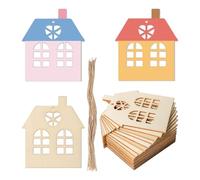 Xbsduih Lot de 50 étiquettes en bois en forme de maison non finie, à suspendre, avec découpe de bois, en bois vides, kit d'étiquettes cadeaux en bois avec ficelle