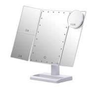 Xbsduih Miroir de maquillage à trois portes avec 22 lumières LED, grossissement 10 x / 3 x / 2 x miroir cosmétique de table pliable portable éclairé par table, blanc