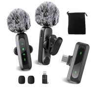 XBT Lot de 2 microphones cravate sans fil pour iPhone, iPad, Android - Micro cravate à clipser avec réduction du bruit, mini microphone Plug & Play pour enregistrement vidéo, interview, podcast, Vlog,