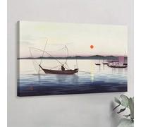 XBTYKPB Bateau et soleil couchant, art mural japonais, toile texturée, affiches, peinture, décoration murale pour chambre à coucher, salon, photos 80 x 110 cm, sans cadre