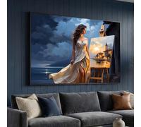 XBTYKPB Femme élégante en robe fluide, coucher de soleil sur la côte, toile peinte, scène romantique en bord de mer, décoration murale pour la maison, toile (30 x 40 cm/cadre intérieur)