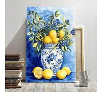 XBTYKPB Nature morte au citron, vase en porcelaine bleu et blanc, aquarelle, toile murale, art mural, œuvre d'art rétro, décoration murale (50 x 75 cm, sans cadre)