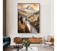 XBTYKPB Paysage alpin, village de montagne au bord de la rivière, toile murale, coucher de soleil, aquarelle, affiches, 80 x 140 cm, sans cadre