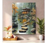 XBTYKPB Peinture sur toile « Chemin de pierres zen » - Bonsaï japonais avec feuillage d'automne et maison en bois, décoration murale de jardin (60 x 90 cm, sans cadre)