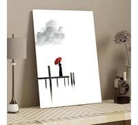 XBTYKPB Peinture sur toile minimaliste représentant une jetée - Art mural côtier monochrome noir et blanc avec parapluie rouge - Affiches et impressions (60 x 90 cm/cadre intérieur)