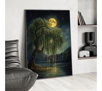 XBTYKPB Pleine lune au-dessus d'un saule pleureur au bord du lac - Affiche sur toile d'art mystique, ciel nocturne doré, nature onirique et surréaliste (40 x 60 cm/sans cadre)