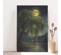 XBTYKPB Pleine lune sur un saule pleureur au bord du lac, affiches d'art mural mystique, impressions sur toile, peintures surréalistes de nature, 50 x 70 cm, sans cadre