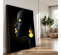XBTYKPB Portrait élégant de femme noire sur toile, boucles d'oreilles dorées, art africain, décoration murale minimaliste, peinture sur toile de luxe (80x120cm/sans cadre)