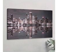 XBTYKPB Skyline, City Night Reflection, Modern-Urban - Peinture murale sur toile pour chambre à coucher, salon, couloir - 30 x 45 cm avec cadre