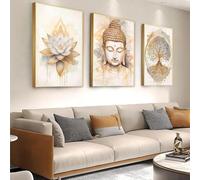 XBTYKPB Statues de Bouddha et affiches de lotus, peintures murales abstraites sur toile avec arbre de vie aquarelle pour décoration murale de la maison 60x80cmx3 sans cadre
