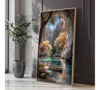XBTYKPB Tableau représentant une crique, un bateau pittoresque dans une gorge rocheuse, des arbres d'automne, décoration murale sur toile, reflet serein de l'eau (60 x 105 cm/sans cadre)