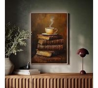 XBTYKPB Tableau sur toile « Café et livres chaleureux » - Style rustique vintage, tons chauds, tasse fumante sur des livres anciens, décoration murale, peinture (60 x 80 cm/sans cadre)