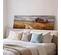 XBTYKPB Tableau sur toile « Grange rouge », impression panoramique grand format, tableau mural horizontal encadré « Ferme d'automne », peinture champêtre à l'heure dorée (55 x 110 cm/sans cadre)