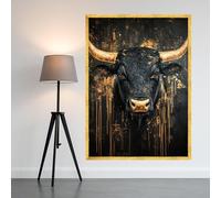 XBTYKPB Tableau sur toile représentant un taureau noir majestueux, peinture moderne et rustique d'animaux de ferme, accents dorés, style abstrait, décoration animalière, image (60 x 80 cm/sans cadre)