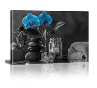 XBTYKPB Tableau zen mural en pierre noire zen avec orchidée bleue, impression sur toile, affiche avec bougie, pour salle de bain, chambre, hôtel, studio de yoga (80 x 110 cm/cadre intérieur)