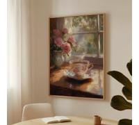 XBTYKPB Thé du matin près de la fenêtre - Tableau sur toile avec tasse de thé fleurie et roses roses, décoration chaleureuse et champêtre pour la cuisine et la salle à manger (60x80cm/sans cadre)