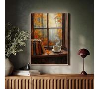 XBTYKPB Toile décorative d'automne chaleureuse avec café, livres et feuillage d'automne dans un décor mural rustique et chaleureux, peinture vintage, affiches (80 x 120 cm, sans cadre)