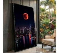 XBTYKPB Toile « Lune sur la ville », tableau nocturne, décoration murale, paysage urbain nocturne, décoration éclipse lunaire, peinture sur toile de paysage urbain (55 x 100 cm/cadre intérieur)