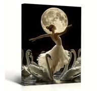 XBTYKPB Toile murale « Ballerine au clair de lune et cygnes » : scène nocturne avec pleine lune, tutu blanc et dentelle noire, pour peinture de cuisine (80 x 120 cm/cadre intérieur)