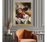 XBTYKPB Toile nature morte classique vin et fromage, pain rustique et raisins, tableau gourmand, décoration de cuisine, affiche (50 x 75 cm/sans cadre)