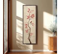 XBTYKPB Toile peinte à l'encre japonaise représentant un oiseau, motif vertical sur une branche d'érable rouge, décor haut et étroit, estampe traditionnelle Sumi-e (65 x 195 cm/sans cadre)