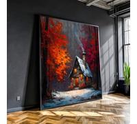 XBTYKPB Toile représentant un chalet d'hiver chaleureux, une forêt enneigée, un chalet rustique en pierre, une décoration intérieure, un paysage d'automne sur toile (50 x 50 cm avec cadre intérieur)