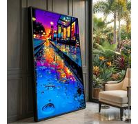 XBTYKPB Toile représentant une scène nocturne urbaine, reflet d'une rue pluvieuse, décoration murale colorée, peinture abstraite moderne sur toile (30 x 50 cm/cadre intérieur)