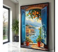 XBTYKPB Toile représentant une vue sur la mer Méditerranée, avec volets bleus ouverts, oranger et paysage portuaire, peinture côtière (50x70cm/sans cadre)