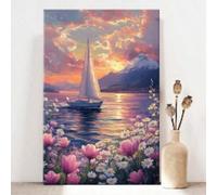 XBTYKPB Voilier au coucher du soleil, reflet sur la montagne enneigée, impressions d'art romantiques impressionnistes, affiches sur toile, décoration murale, 80 x 140 cm, sans cadre